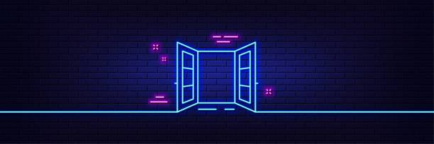 istock Open door line icon. Entrance doorway sign. Neon light glow effect. Vector 1442778439