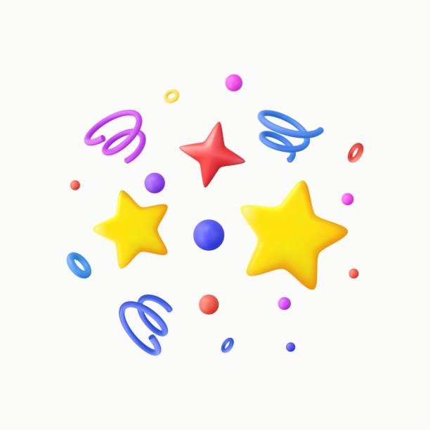 3D Party confetti with star and serpentine ribbon. Birthday surprise. Festive decoration elements for poster or banner. 3D Party confetti with star and serpentine ribbon. Birthday surprise. Festive decoration elements for poster or banner. 3d rendering. Vector illustration famous celebrity birthdays stock illustrations