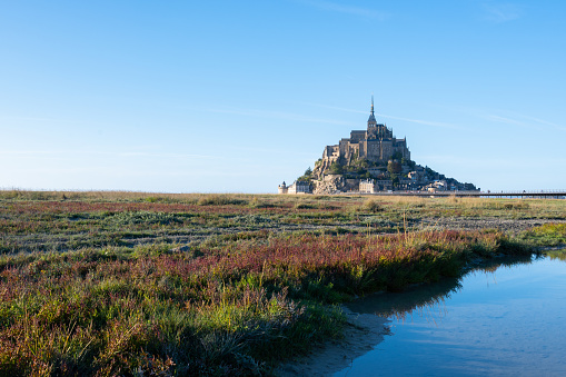 Beautiful landscape view of Le Mont Saint-Michel tidal island, Normandy, France.