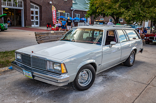 Des Moines, IA - July 03, 2022: High perspective front corner view of a 1979 Chevrolet Malibu Station Wagon at a local car show.
