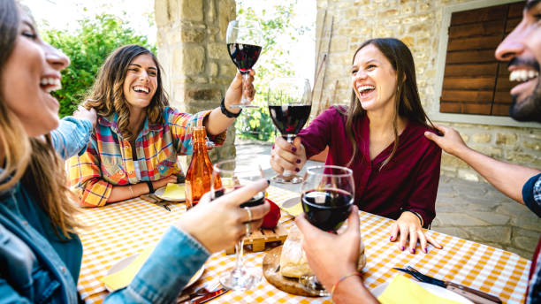 Happy friends having fun toasting red wine at farm house terrace party - Alternative life style concept with young people sharing genuine time together at vineyard countryside - Bright warm filter stock photo