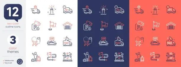 Vector illustration of Set of Lighthouse, Delivery truck and Destination flag line icons. For design. Vector