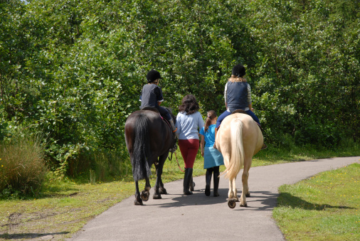 Two young children led on a horse ride on a summers day.
