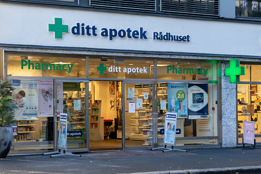 Oslo, Norway - October 15, 2022: A Ditt Apotek store in Oslo, Norway. \nDitt Apotek is a chain of pharmacies owned and run by independent pharmacists on franchise from Norsk Medisinaldepot.