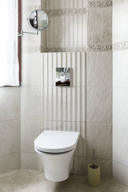 istock Modern spacious bathroom with bright tiles with toilet and sink 1442788531