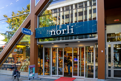Trondheim, Norway - September 30, 2022: A Norli bookstore in Trondheim, Norway. Norli Libris, is a Norwegian bookstore chain that owns both Norli and Libris book stores.