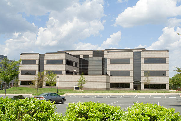 istock Modern Office Building Empty Parking Lot, Blue Sky, Suburban Maryland 144278909