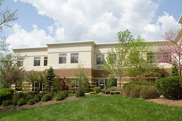 Berm, Landscaping and Modern Office Building, Suburban Maryland, USA stock photo