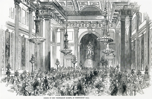 A large dinner held in London’s Freemason’s Hall for the Vegetarian society in middle of the 19th century
