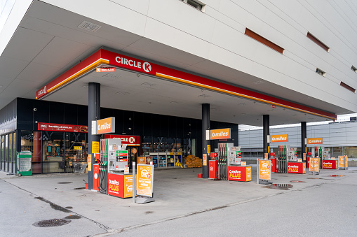 Oslo, Norway - October 14, 2022: A Circle K gas station and a convenience store in Oslo, Norway. Circle K Stores is an American chain of convenience stores owned by the multinational company Couche-T