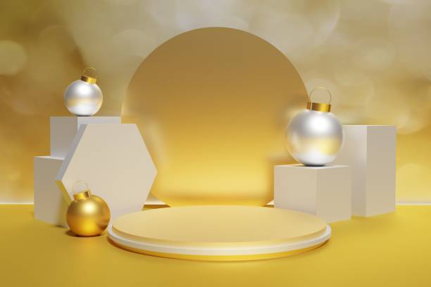 istock beautiful metallic podium on a bokeh background with Christmas baubles 1442790566