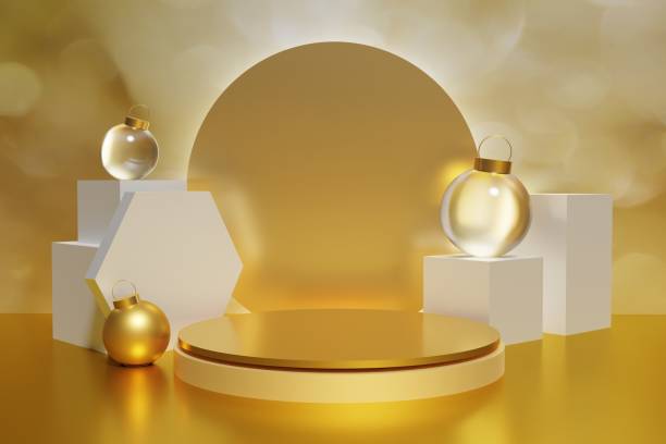 istock beautiful metallic podium on a bokeh background with Christmas baubles 1442790571