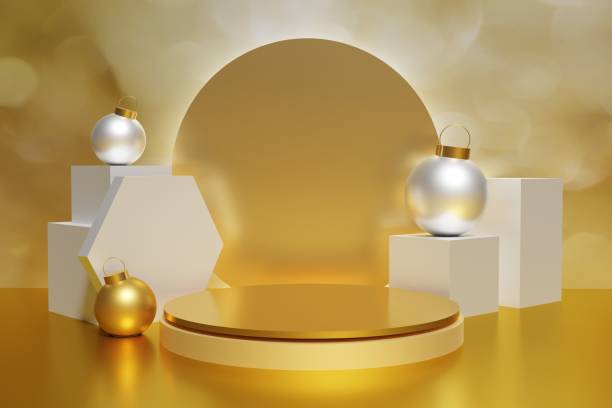 istock beautiful metallic podium on a bokeh background with Christmas baubles 1442790576