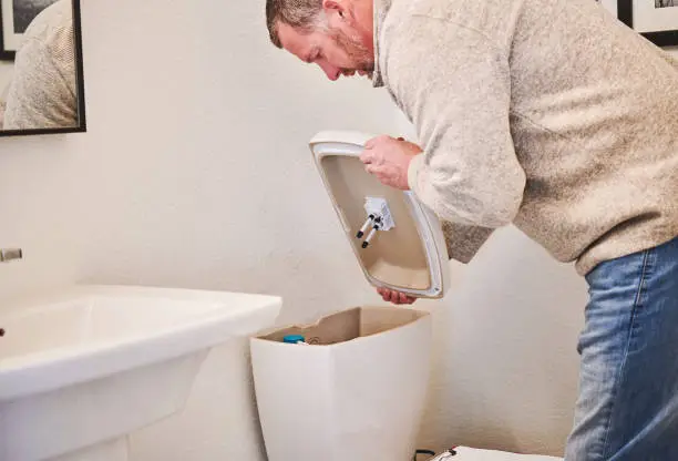 Photo of Male home inspector assessing the working condition of a toilet during a home inspection of a residential property