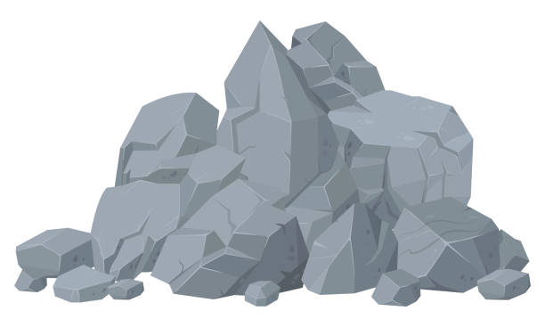 мультяшная горная скала, гранит серые каменные камни. тяжелые серые гравийные камни, булыжники и валуны плоская векторная иллюстрация на б� - rock boulder solid granite stock illustrations