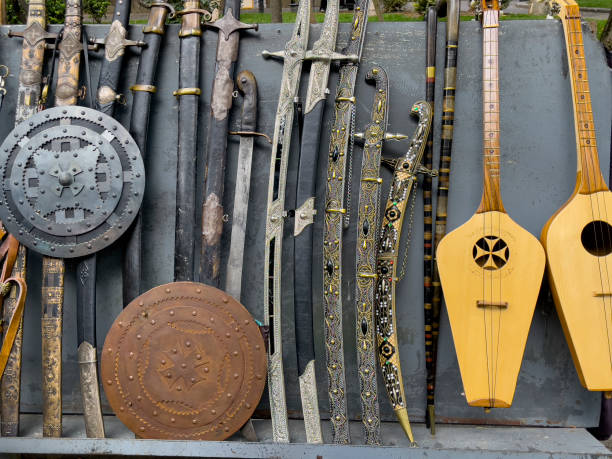 istock Georgian folk music instrument, shield and sword models 1442794430