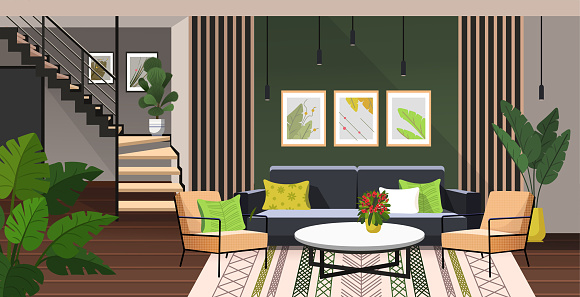 Modern apartment with stylish living room with comfortable sofa, modern armchairs, flowers in pot and paintings and stairs to next floor. Interior design. Vector illustration.