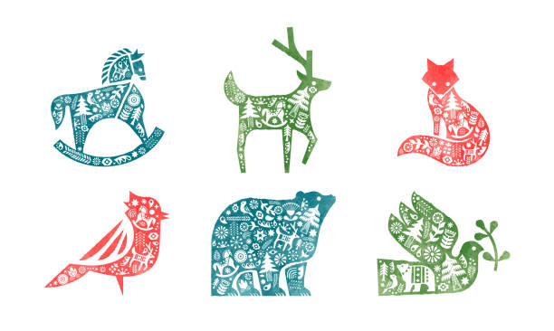 Christmas watercolor folk art animal collection on isolated white background. Traditional vintage scandinavian winter animals include reindeer, fox, bird and polar bear.
