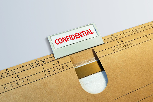 Confidential document. Confidential paper envelope folder.