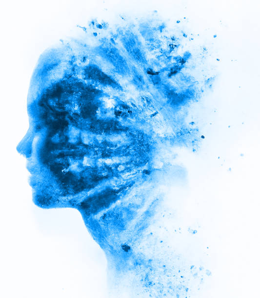 Face seen from the side. Brain problems. Degenerative disease. Bipolar disorder, illness, concept, double personality, schizophrenia. Thoughts and voices. Cloud effect particles. 3d rendering