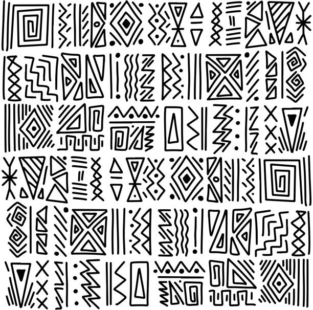 ilustraciones, imágenes clip art, dibujos animados e iconos de stock de choque tribal étnico africano ornamento patrón sin costuras fondo. motivo de símbolos dibujados a mano en blanco y negro. papel tapiz vectorial, textura, diseño de impresión - african culture