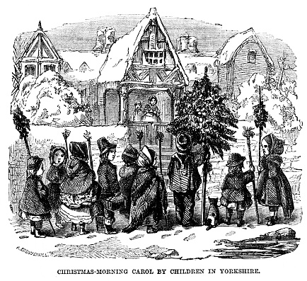 Children sing carols Christmas morning outside in the snow. Illustration published 1868. Original edition is from my own archives. Copyright has expired and is in Public Domain.