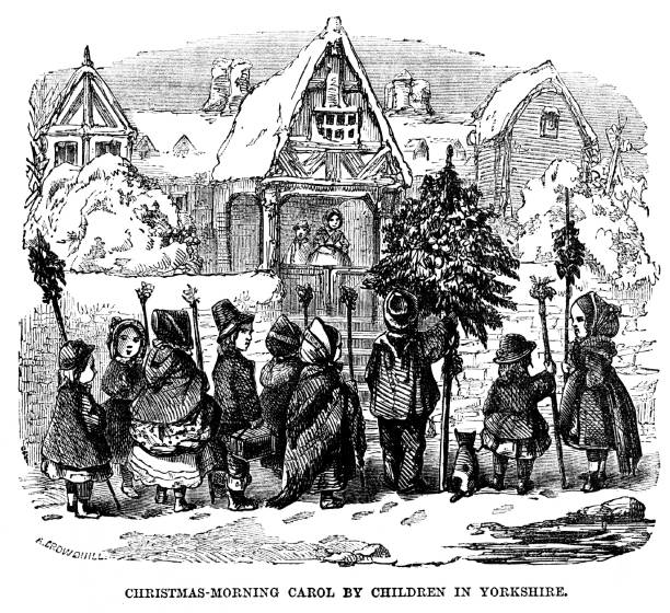 Christmas Carolers in Victorian Yorkshire, England Children sing carols Christmas morning outside in the snow. Illustration published 1868. Original edition is from my own archives. Copyright has expired and is in Public Domain. troubadour stock illustrations
