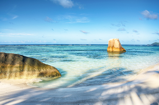 BAIN BOEUF Mauriutius. Beautiful beach in northern Mauritius. Coin de Mire, white sand beach among Palm trees.