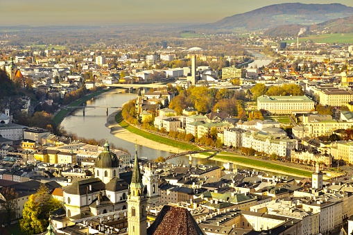 Salzburg is the fourth-largest city in Austria. View of Salzburg from above in autumn. Autumn Salzburg from a bird's-eye view. Top view of autumn Salzburg. Beautiful view of autumn Salzburg.  The Austrian town of Salzburg in autumn.