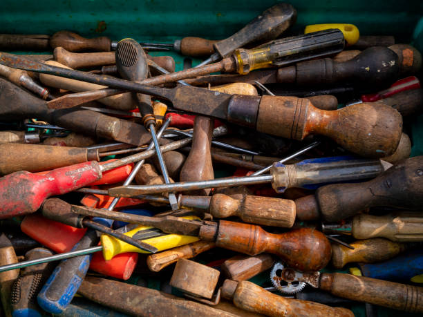istock Box of old hand tools for sale at a market 1442805270