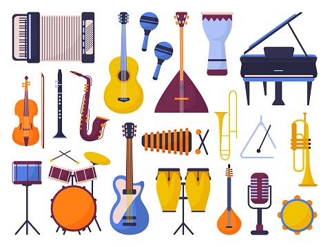 Music instruments icons. Musical electronic drum, violin clarinet and guitar. Jazz band flat cartoon elements. Flute, accordion, orchestra neoteric vector set of electronic guitar music illustration