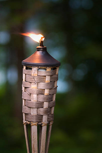 Tiki Torch Outdoor torch set against lake/forest background tiki torch stock pictures, royalty-free photos & images