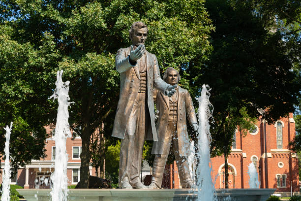 Ottawa, Illinois / United States -August 16th,2022: Statues of Lincoln and Douglas at historic debate location.