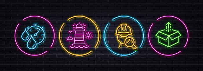 Lighthouse, Timer and Inspect minimal line icons. Neon laser 3d lights. Send box icons. For web, application, printing. Beacon tower, Drying time, Builder review. Delivery package. Vector