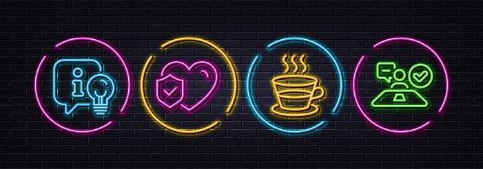 Life insurance, Lamp and Coffee cup minimal line icons. Neon laser 3d lights. Job interview icons. For web, application, printing. Risk coverage, Idea light, Tea mug. Accepted worker. Vector