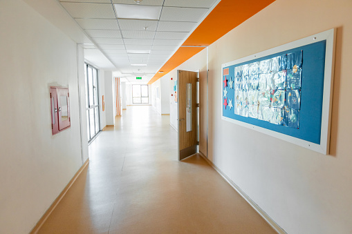 Empty elementary school corridor