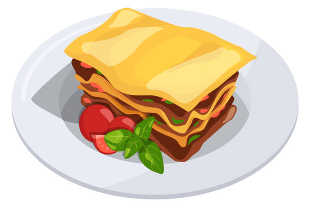 illustrazioni stock, clip art, cartoni animati e icone di tendenza di icona dei cartoni animati lasagne. gustoso piatto piatto italiano - minestrone