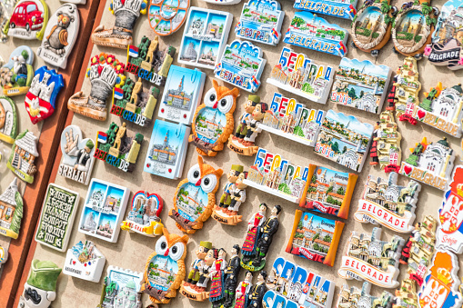 Belgrade, Serbia - June 7, 2022: Many magnet of Belgrade for sell. Fridge magnets from Belgrade in the tourist souvenirs shop.