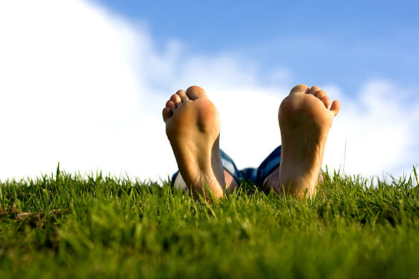 feets in erba. - sole of foot human foot women humor foto e immagini stock