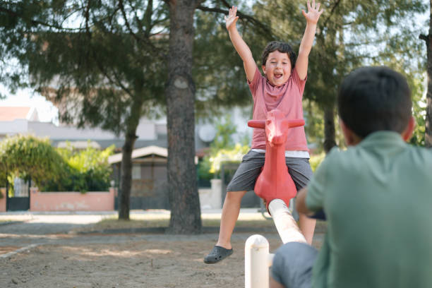 istock Little boy at the playground sitting on a seesaw. 1442817843