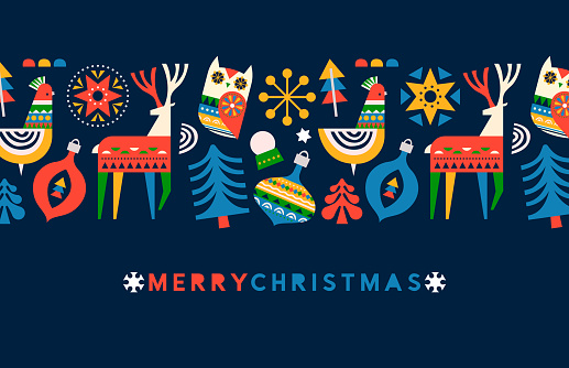 Merry christmas greeting card illustration of colorful folk art animal and holiday season decoration. Xmas design includes reindeer, pine tree, birds.