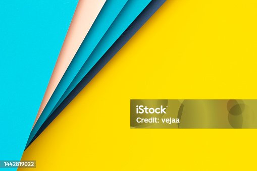 istock Abstract color papers geometry flat lay composition background with yellow, blue, pink color lines and shapes. Top view, copy space 1442819022
