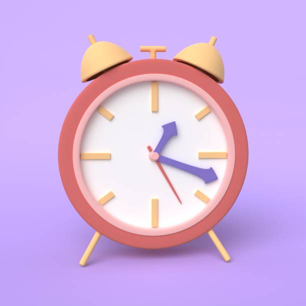 istock Alarm clock red wake up time isolated on purple background. 3d rendering 1442821213