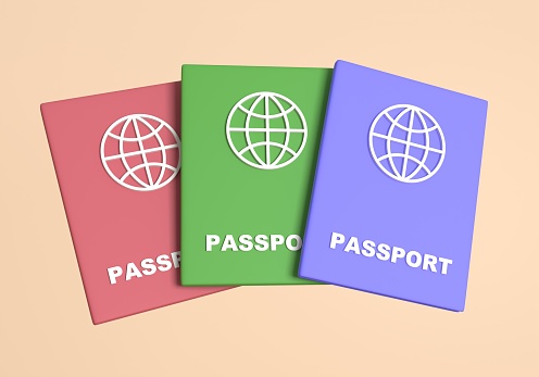Pasaportes, diferentes tipos. Concepto de turismo de viaje o costumbres. Renderizado 3D photo