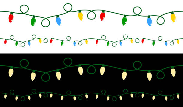 illustrazioni stock, clip art, cartoni animati e icone di tendenza di corde di luce natalizie ricci senza cuciture - christmas lights