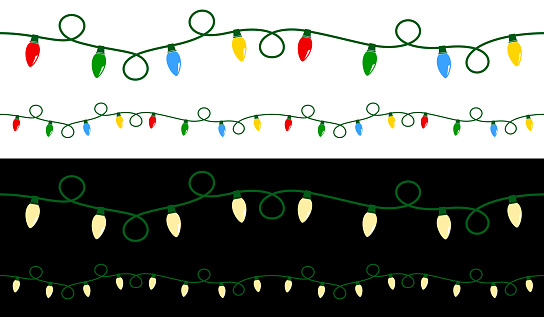 Vector Illustration of a curly string of Christmas lights; one multicolored string against a white background, and one off-white/clear string against a black background. Strings can be joined end to end to make longer, endless strings seamlessly. Each string is on its own layer, easily separated from the others in a program like Illustrator, etc.  Illustration uses no gradients, meshes or blends, only solid color. Includes CS6-compatible .eps format, along with a high-res .jpg.