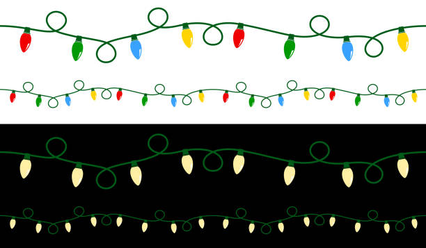 Curly Seamless Christmas Light Strings Vector Illustration of a curly string of Christmas lights; one multicolored string against a white background, and one off-white/clear string against a black background. Strings can be joined end to end to make longer, endless strings seamlessly. Each string is on its own layer, easily separated from the others in a program like Illustrator, etc.  Illustration uses no gradients, meshes or blends, only solid color. Includes CS6-compatible .eps format, along with a high-res .jpg. fairy lights stock illustrations