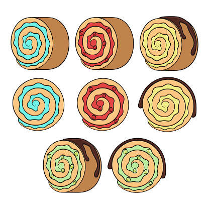 Set of color illustrations with cake roll. Isolated vector objects on a white background.