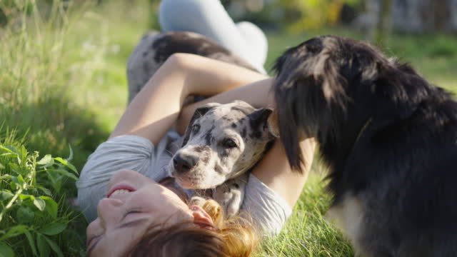 Asian woman cuddling with her dog on the grass.