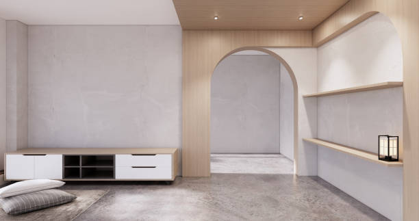 istock Wooden cabinet in Muji empty room, Japandi minimal designs. 3D rendering 1442825540